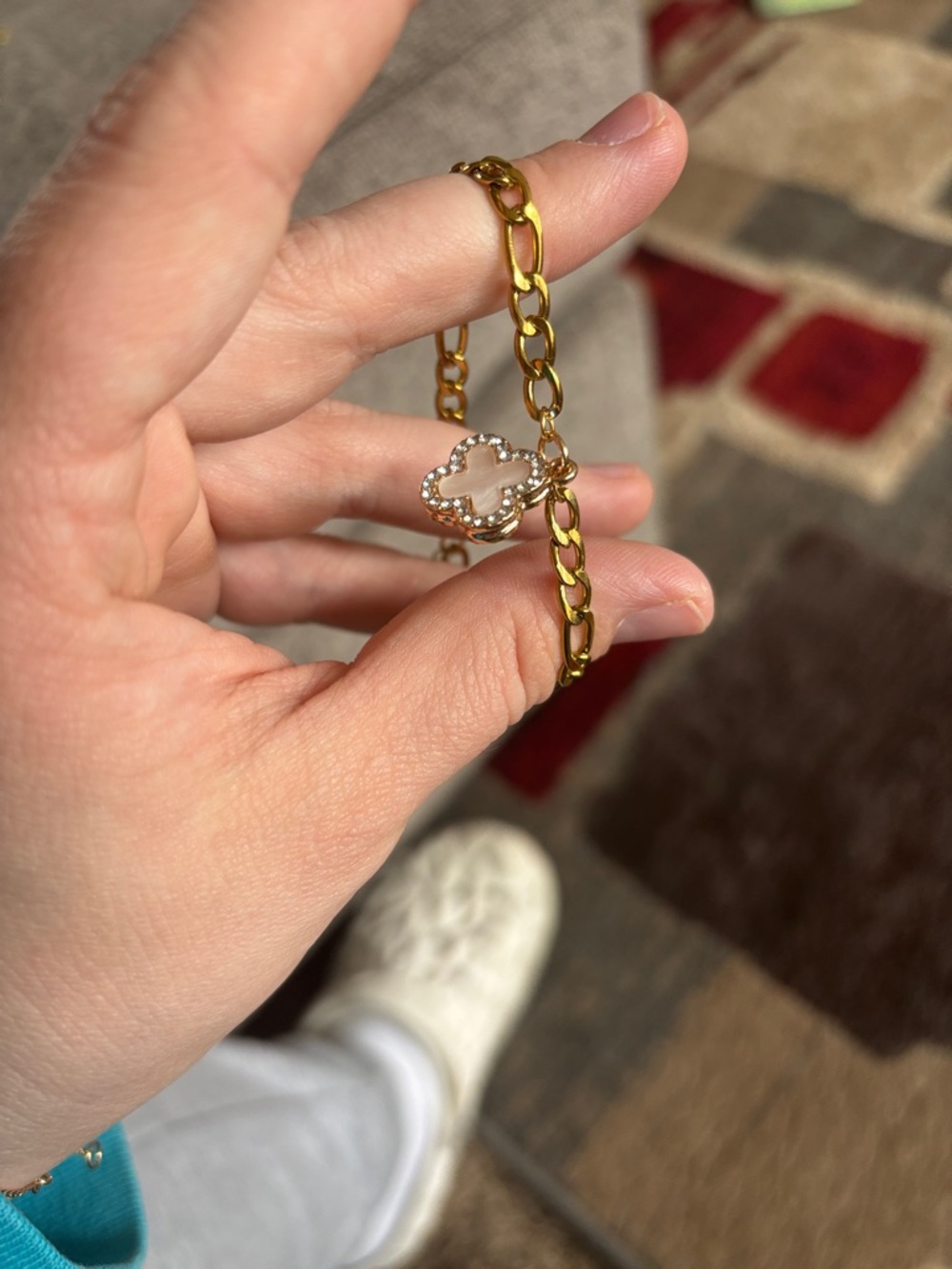 Gold Chain Bracelet with White Mother-of-Pearl Clover Charm